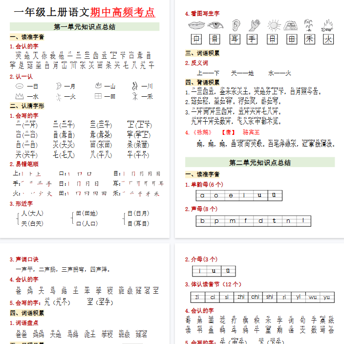 【高清7页整理】一上语文【期中高频考点】