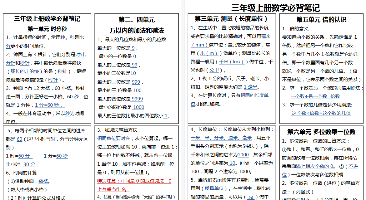 【4页高清完整版】三年级数学上册必背手册