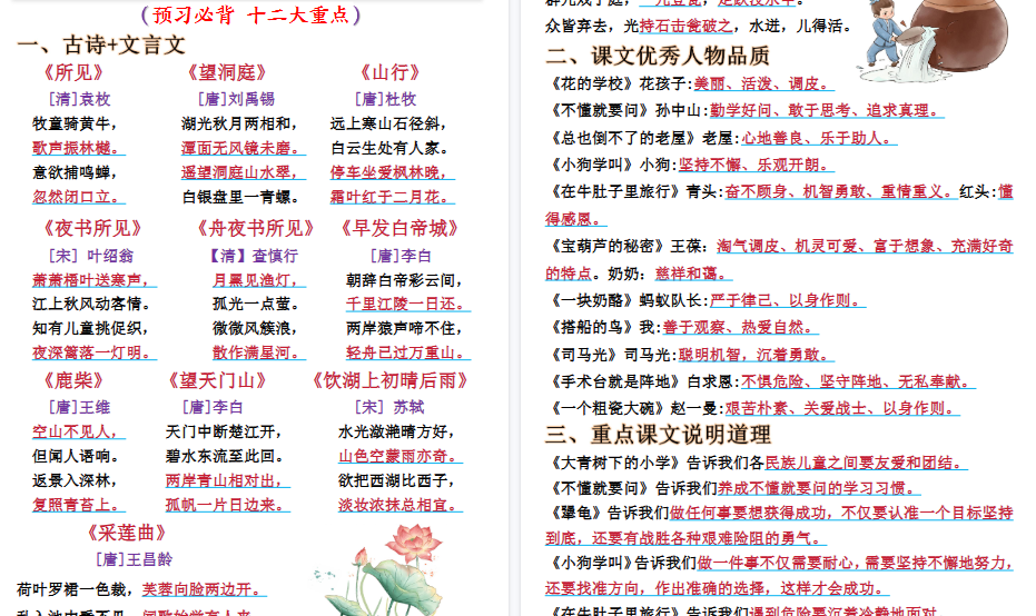 【26页高清完整版】新三上语文全册预习必背重点（十二大重点）