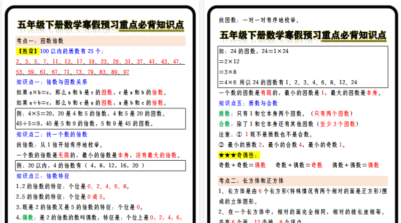 【2026寒假6页】五年级下册数学寒假预习重点必背知识点