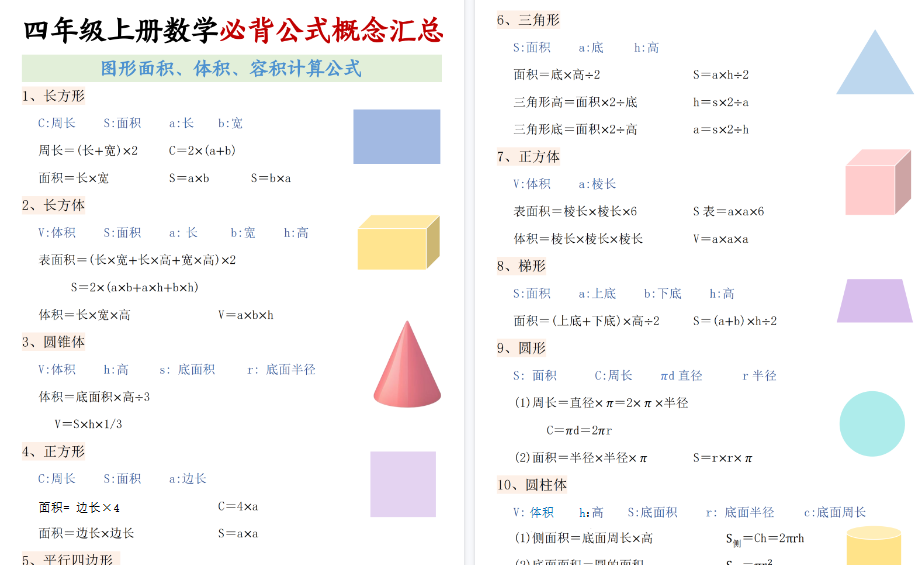【9页高清完整版】26秋四年级上册数学必背公式概念汇总