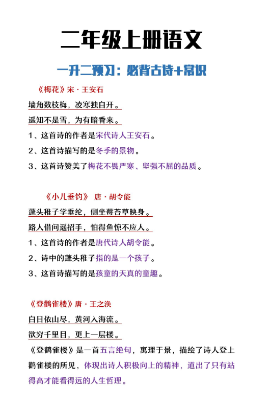 1页!二年级上册语文必背古诗及常识