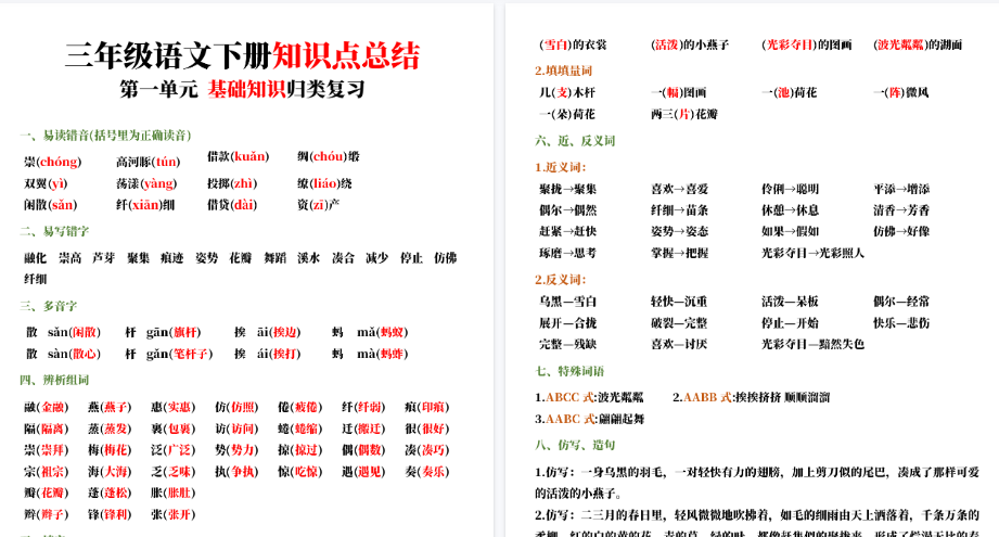 【27页高清完整版】三年级语文下册基础知识归类复习