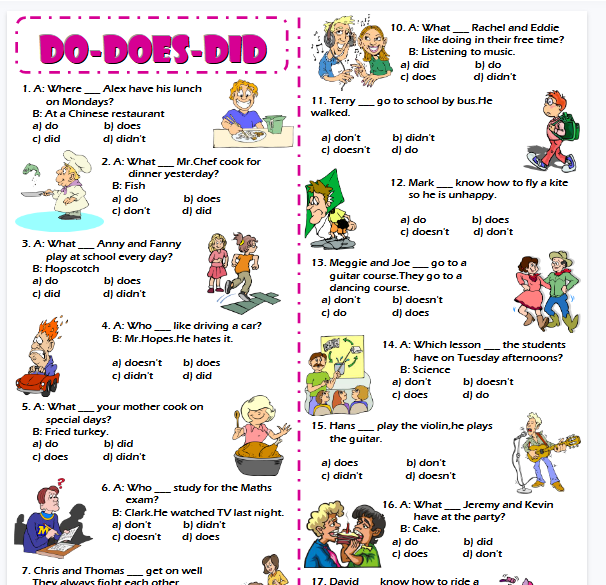 【2页高清彩色版】Auxiliary Verbs Worksheet Do Does Did【完整可直接打印】语法作业纸63套