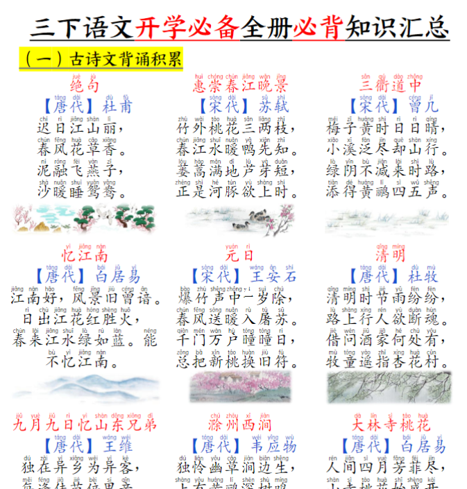 三下语文开学必备全册必背知识汇总(十二类知识点)29页