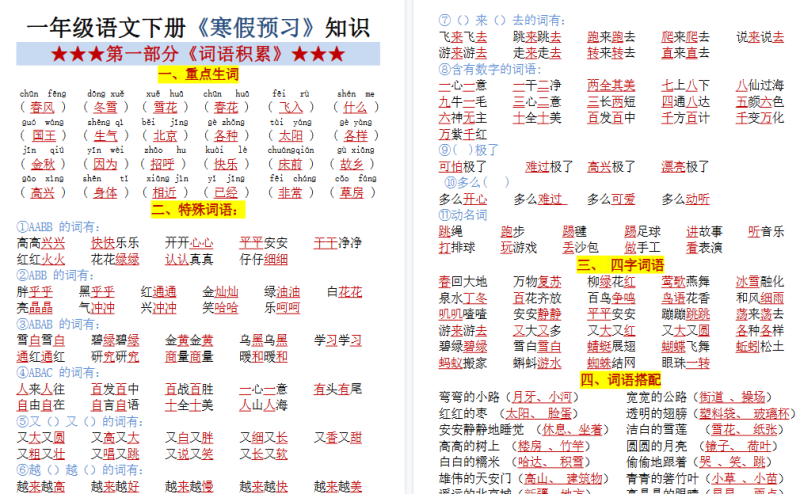 【2026春28页完整版】一年级语文下册寒假预习资料