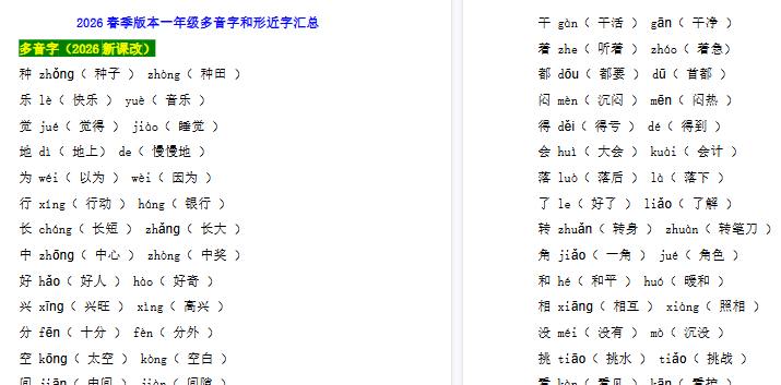 2026春新版一年级语文考试常考多音字和形近字汇总