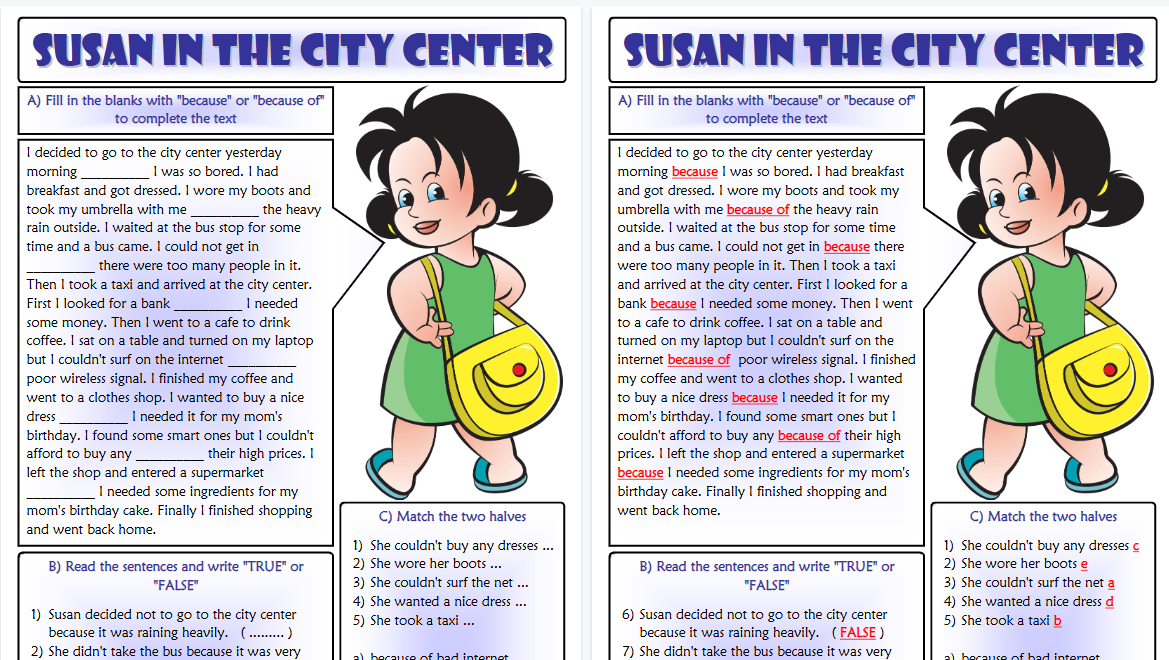 【2页高清彩色版】because or because of esl reading exercises worksheet for kids【完整可直接打印】语法作业纸63套