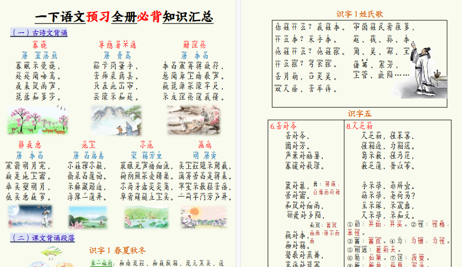 【2026春17页完整版】一下语文预习全册必背知识汇总