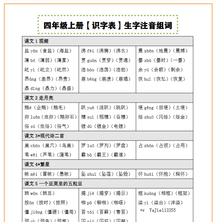 【2025秋季版】四上语文（识字表）注音、组词
