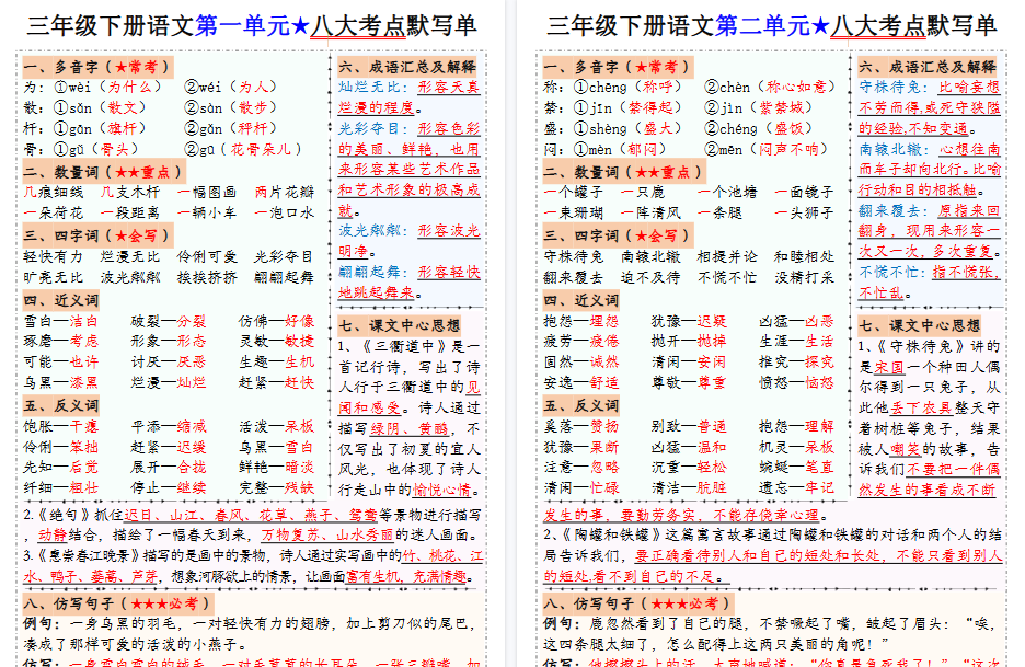 【8页高清完整版】（答案版）三年级下册语文1-8单元八大考点默写单