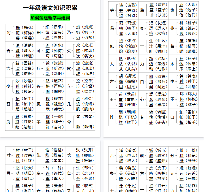 【4页完整版】一(上)语文知识加偏旁组新字