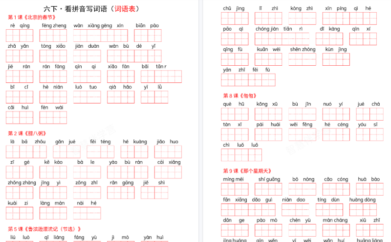 【12页高清版】六下语文写字表词语表- -看拼音写词语