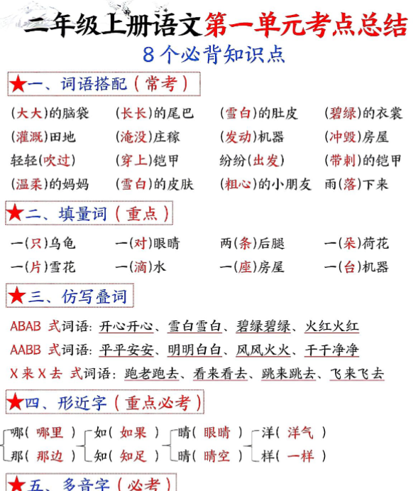 二年级上册语文1-8单元考点默写答案