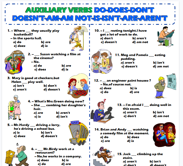 【2页高清彩色版】auxiliary verbs do-does-am-is-are【完整可直接打印】语法作业纸63套