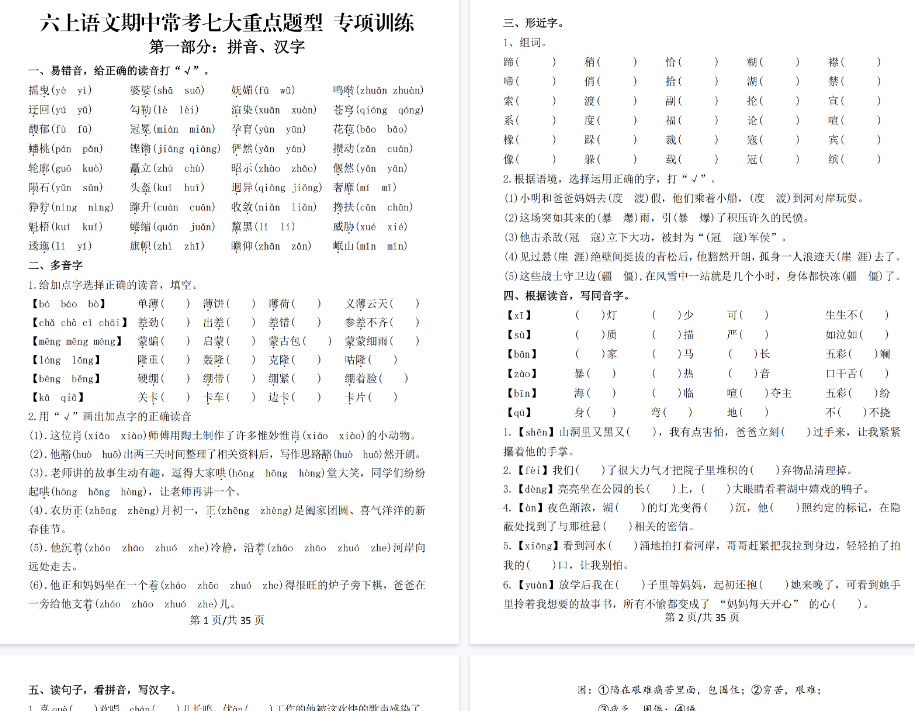 【35页完整版】六上丨语文 期中常考七大重点题型专项训练