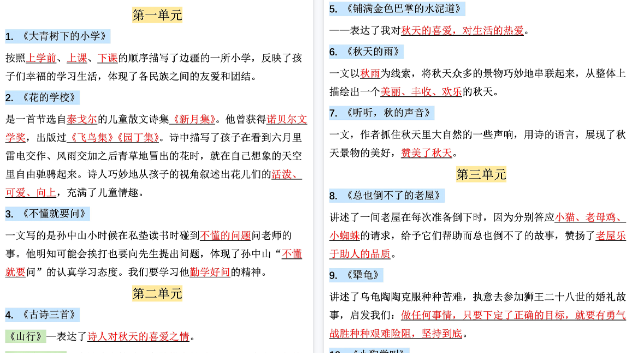 【6页高清完整版】新三上语文全册课文中心思想汇总