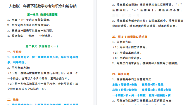 【7页高清完整版】人教版二年级下册数学必考知识点归纳总结