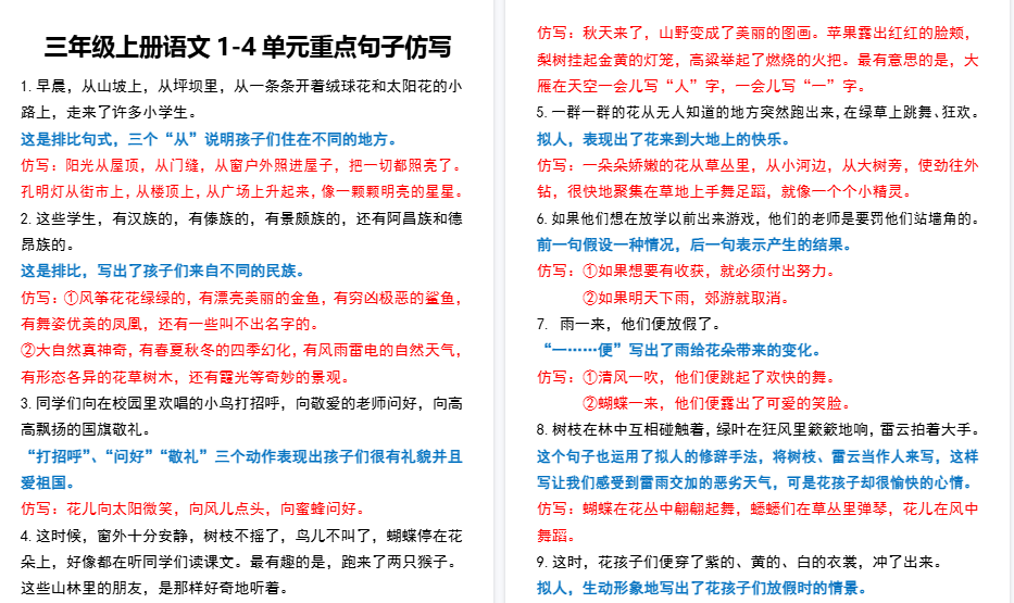 【20页高清完整版】三年级上册语文1-4单元重点句子仿写