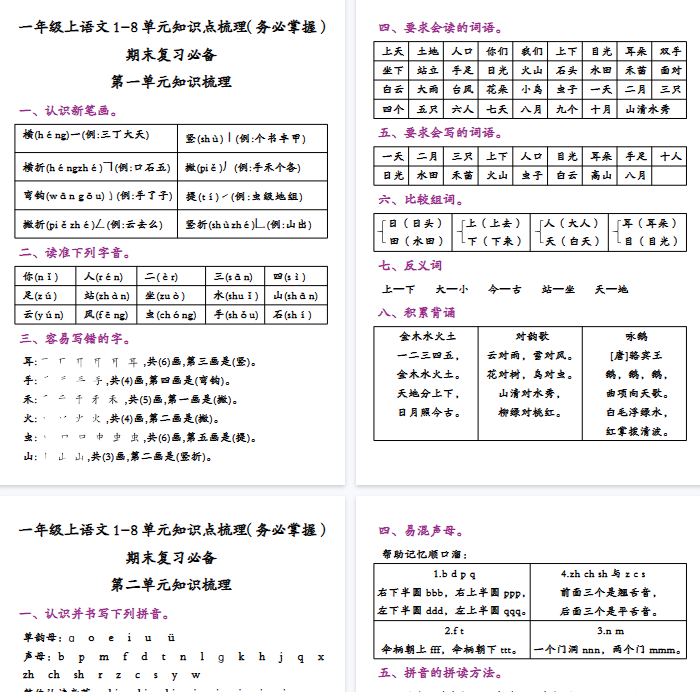 【16页完整版】一年级上语文1-8单元知识点梳理（务必掌握）