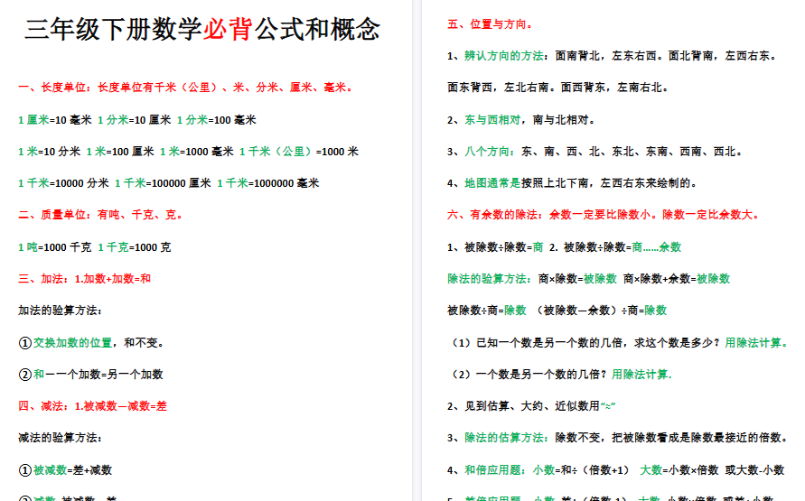 【10页高清完整版】三年级下册数学必背公式和概念