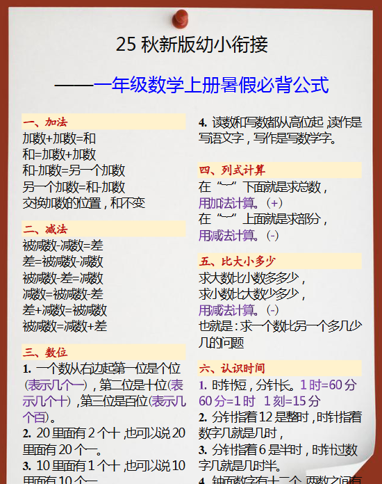 【2025秋新版】幼小衔接一年级数学上册暑假必背公式