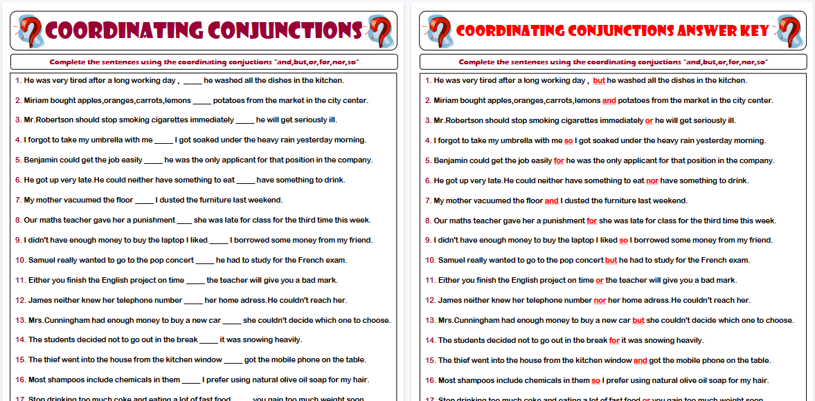 【2页高清彩色版】coordinating conjuctions exercises worksheet【完整可直接打印】语法作业纸63套