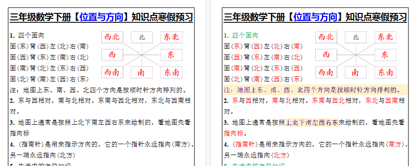 【2026寒假2页】三年级数学下册【位置与方向】知识点寒假预习