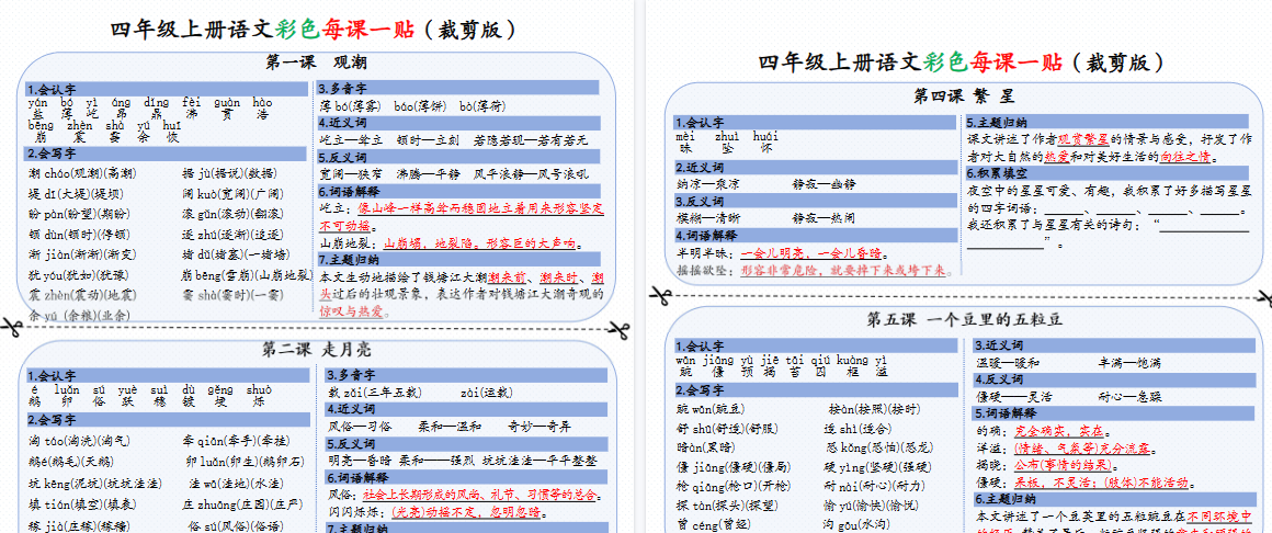 【9页高清完整版】四年级上册语文彩色一课一贴(可裁剪)