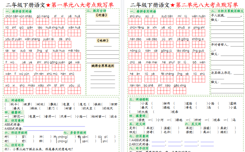 【2026春8页完整版】二年级（下）语文-八大考点