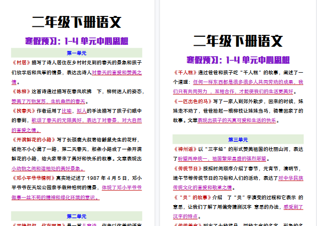【2026寒假3页】二年级下册语文寒假预习:1-4单元中心思想