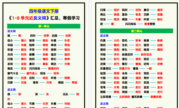 【2026寒假8页】四年级语文下册《1-8单元近反义词》汇总，寒假学习！