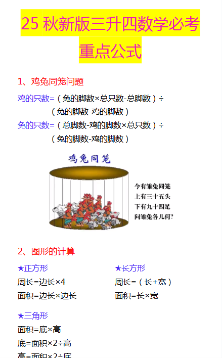 【2025秋新版】三升四数学必考重点公式