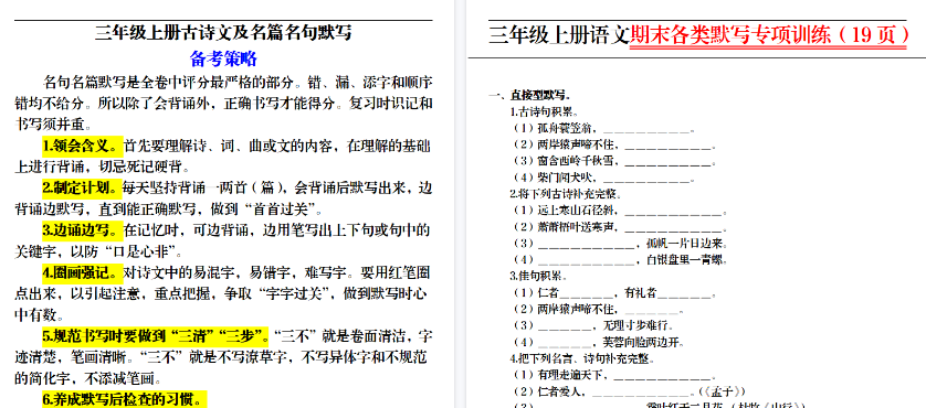 【19页高清完整版】三上丨语文 期末各类默写专项训练（部编版）