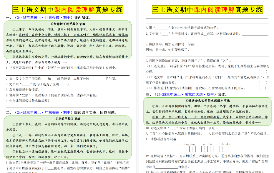 25年三上语文期中课内阅读理解期末真题专练（空白+答案16页）