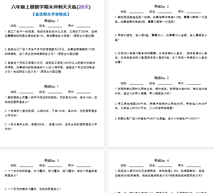 【40页完整版】六（上）数学 期末冲刺天天练(20天)