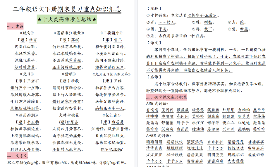 【22页高清完整版】三(下)语文期末复习十大高频考点