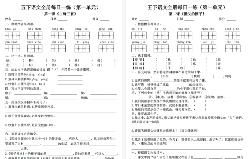 【53页高清完整版】五下语文每日一练（一课一练）全册-含答案