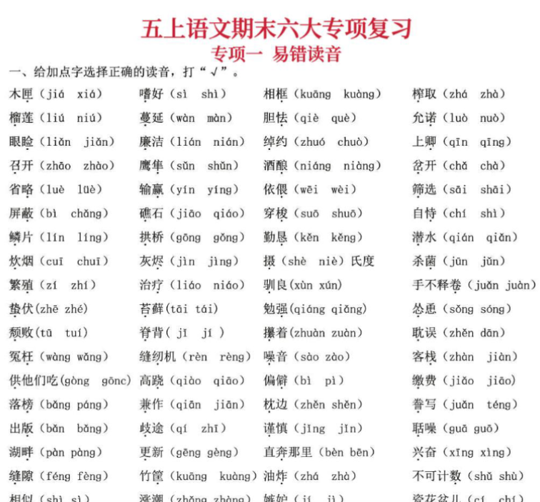 五年级上册语文期末六大专项复习