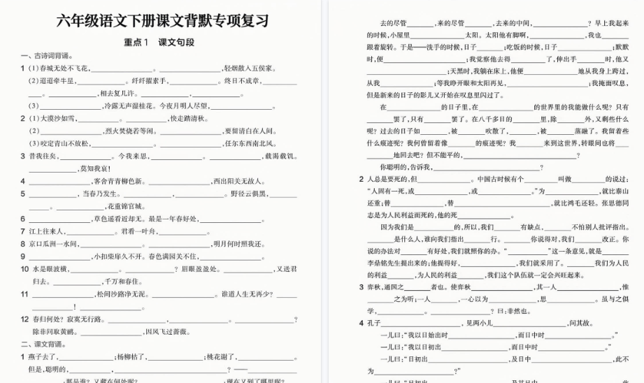 【5页高清完整版】六年级（下）语文背默专项