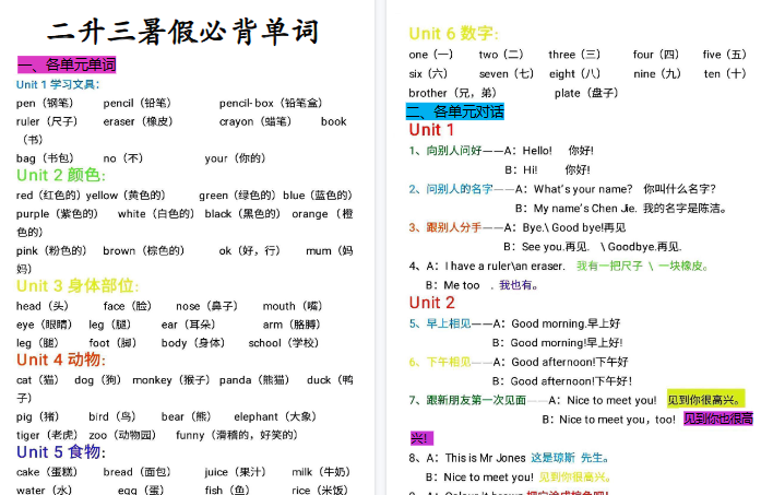 【6页高清完整版】二升三英语暑假必背单词、句子、重点句型
