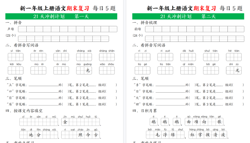 【21页高清完整版】新一年级语文上期末复习21天冲刺计划无答案