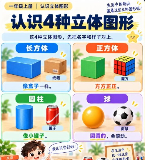 【8页高彩版】26秋一年级数学立体图形|长方体 正方体 圆柱 球